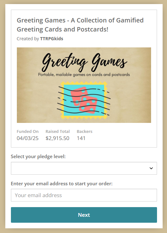 Greeting Games pre-order store screenshot shwoing that you can select your pledge level to back post-campaign
