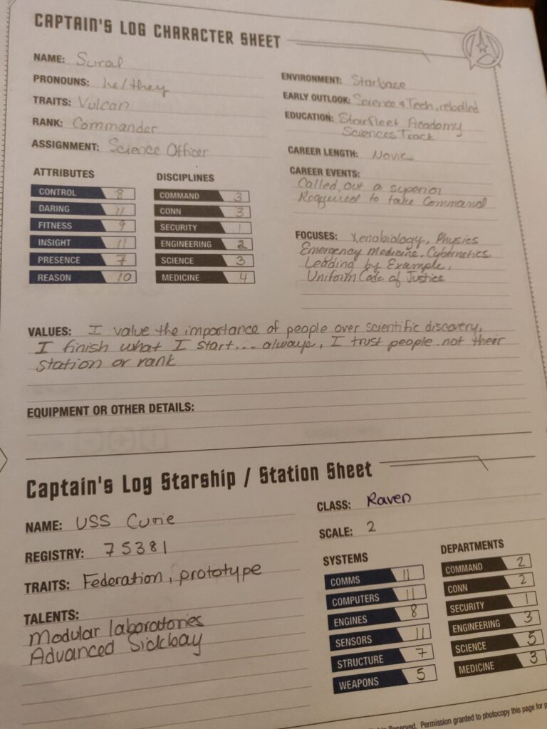 my character sheet from my playthrough of Captain's Log