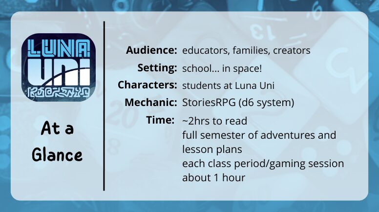 Luna Uni
at at glance
audience: educators, families, creators
setting: school... in space!
characters: students at Luna Uni
mechanic: StoriesRPG (d6 system)
Time: ~2hrs to read
full semester of adventures and lesson plans
each class period/gaming session about 1 hour