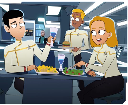 art of three officers in dress uniforms eating nachos, salad, and a burger in the mess hall. the art style is cartoon animation, like what you would see in Lower Decks