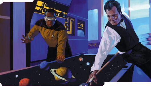art of Q playing pool with planets as billiard balls and Geordi from TNG urging him to stop