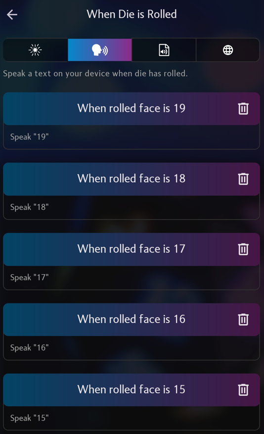 a screenshot of the Pixels app showing the speach settings for various rolls.
For a 19, it will say nineteen
For an 18, it will say eighteen
and so on