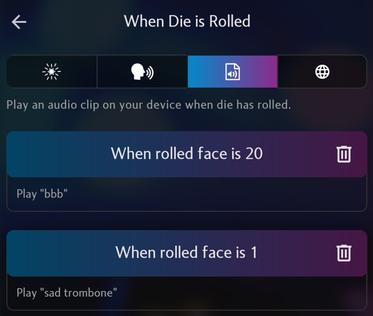 a screenshot of the Pixels app showing the custom sound clips page
rolling a 20 results in playing "bbb" which stands for BIG BADDA BOOM
rolling a 1 results in playing "sad trombone"