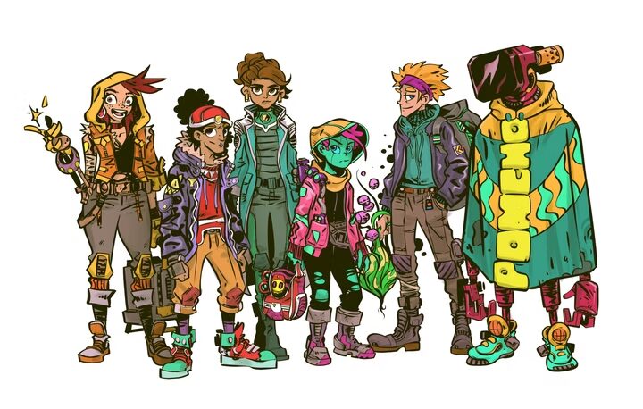 an illustration of a variety of students at luna uni ranging from humanoid to robotic characters