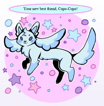 text: your new best friend, Cupo-Cupo!
image is an illustration of a cat-like creature with wings behind it's head.