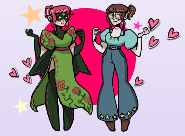 an illustration of a magical girl (left) wearing a green dress covered in rose patterns and the character's non-magical idendity (right) wearing belbottom jeans and glasses.