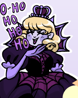 an illustration of a witch in a spiderweb themed dress laughing