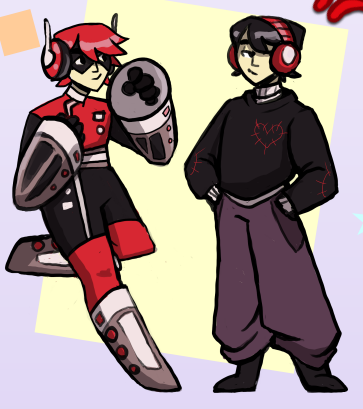an illustration of a magical person (left) wearing a red and black tech infused costume and the character's non-magical idendity (right) wearing baggy pants, sweater, and headphones