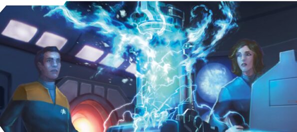 art of two people in starfleet uniforms watching electricity burst from a containment cylinder
