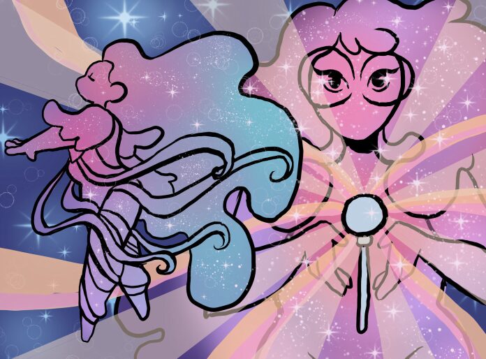 abstract illustration of a pink and purple character levitating a wand between their hands while their magical persona transforms to the left