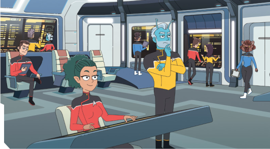 art of a starfleet ship command deck with several officers. It is in a cartoon style that aligns with the Lower Decks series
