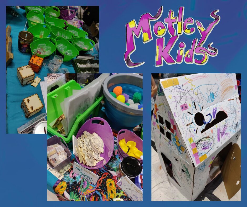 three photographs over a blue background
the photographs show a mix of art supplies and craft components and a carboard house that's been scribbled all over
in the upper right corner is the motley kids logo