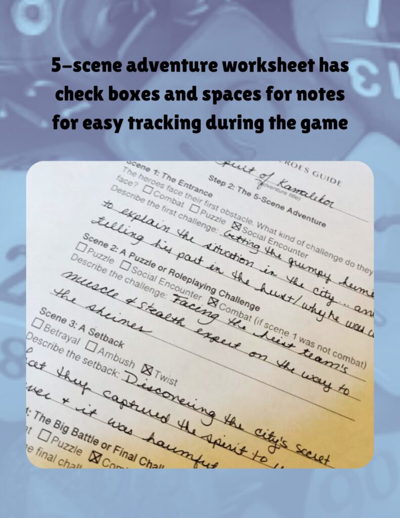 5-scene adventure worksheet has check boxes and spaces for notes for easy tracking during the game

there is also a photograph of a an example sheet