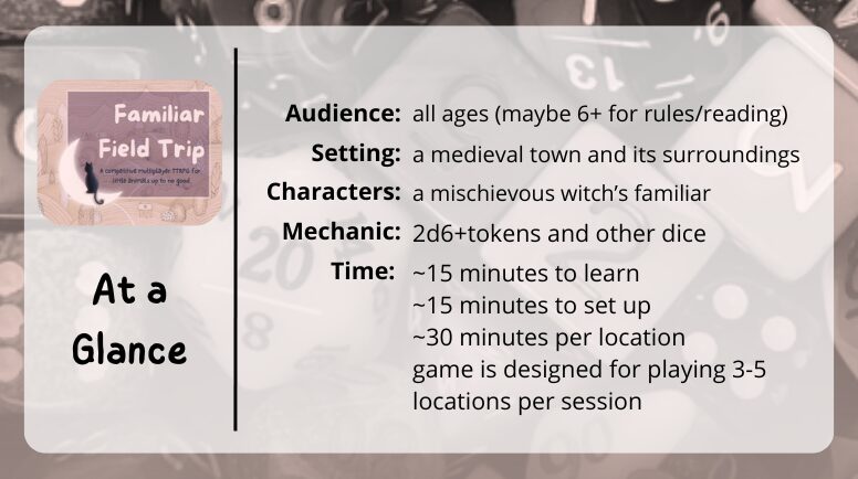 Familiar Field Trip
at a glance
Audience: all ages (maybe 6+ for rules/reading)
Setting: a medieval town and its surroundings
Characters: a mischievous witch’s familiar
Mechanic: 2d6+tokens and other dice
Time:
~15 minutes to learn
~15 minutes to set up
~30 minutes per location
game is designed for playing 3-5 locations per session