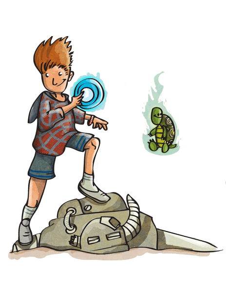 art of a kid standing over a robot and ready to fire a laser from their fingers.  there is also a floating turtle nearby