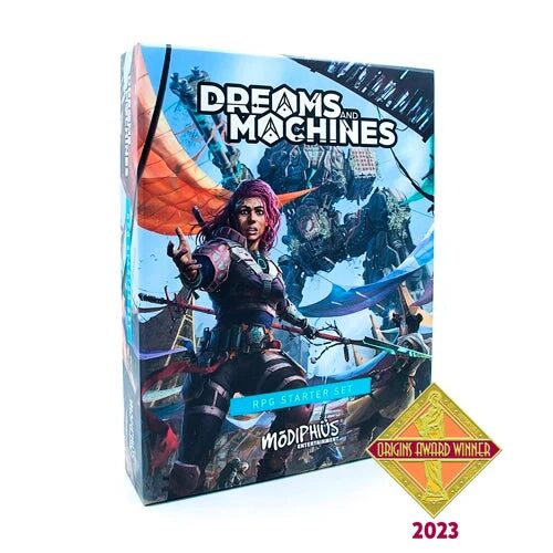 book mock up for Dreams and Machines with an Origins Award Winner 2023 badge