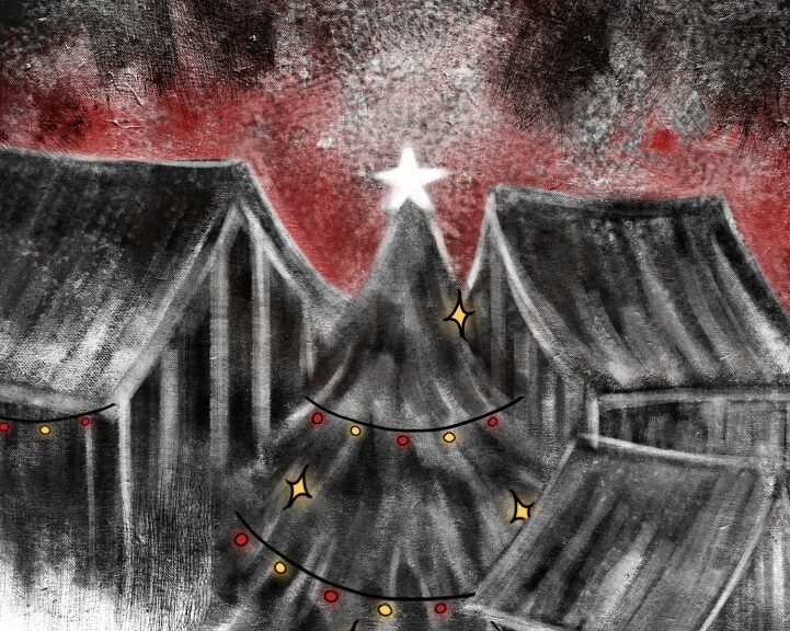 art of a holiday village in red, white, and black, decked with red and yellow holiday lights