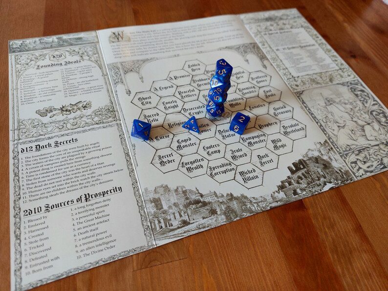 photo of the interior of When the Walls Fall with dice both stacked and fallen on the "what's left behind" board