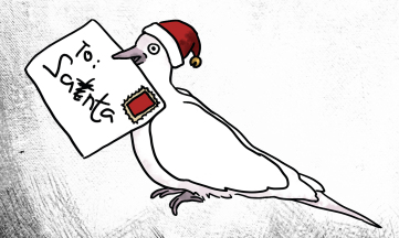 art of a bird wearing a santa hat and holding a letter that says "To: Santa" but there's an extra t in there that's crossed out. 
