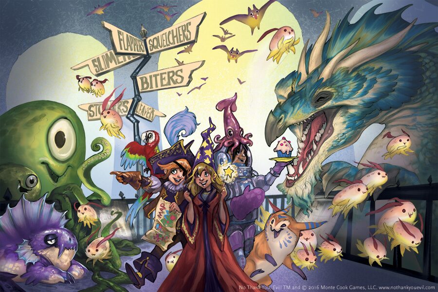 art of a group of kids in fantasy gear exploring a crossroads full of friendly monsters/creatures