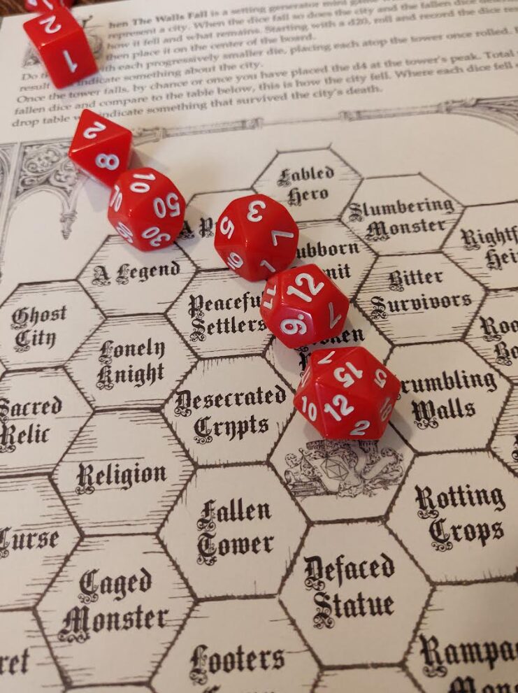 a photo of a dice tower that has fallen across the left behind remnants map
