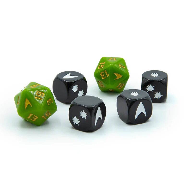 a photo of a set of Star Trek dice with two d20's and 4 d6s with custom faces