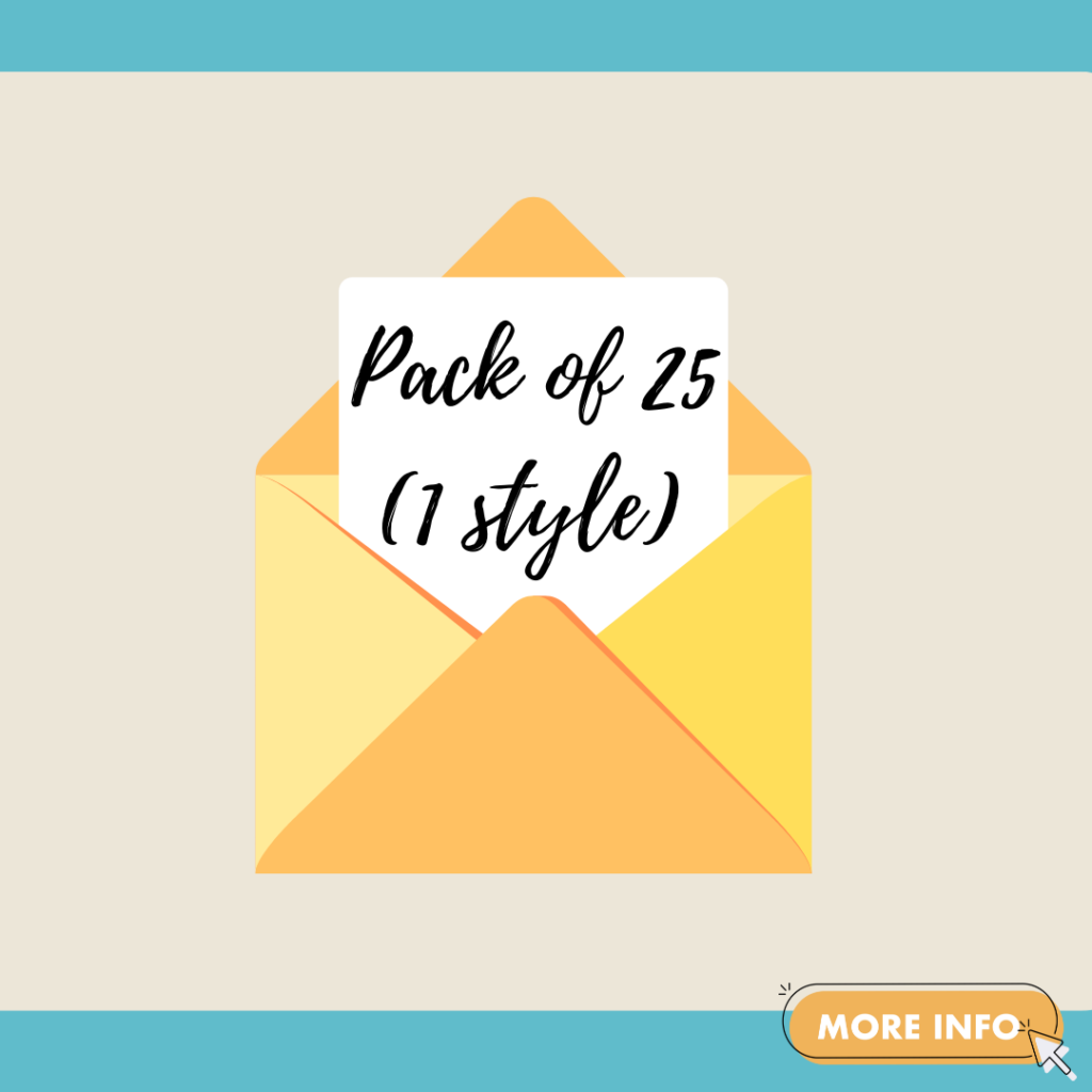 shows a graphic of a folded card that reads "pack of 25 (1 style)"