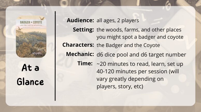 Badger + Coyote at a glance

Audience: all ages, 2 players
Setting: the woods, farms, and other places you might spot a badger and coyote
Characters: the Badger and the Coyote
Mechanic: d6 dice pool and d6 target number
Time: ~20 minutes to read, learn, set up
40-120 minutes per session (will vary greatly depending on players, story, etc)