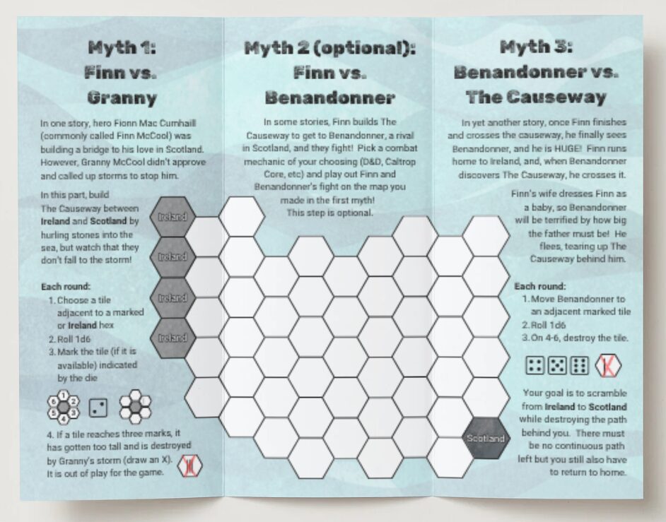 a mock up of Welcome to The Giant's Causeway showing the interior of an unfolded brochure with a hex tile map