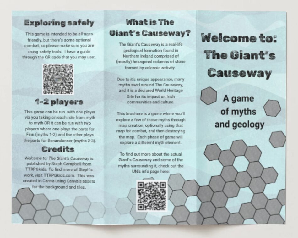 a mock up of Welcome to The Giant's Causeway showing the exterior of an unfolded brochure dotted with grey hextiles