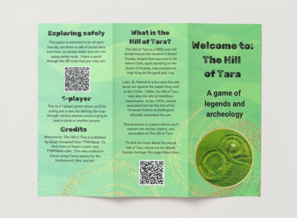 a mock up of Welcome to The Hill of Tara showing a brochure exterior featuring an image of the Hill of Tara and QR codes, along with text