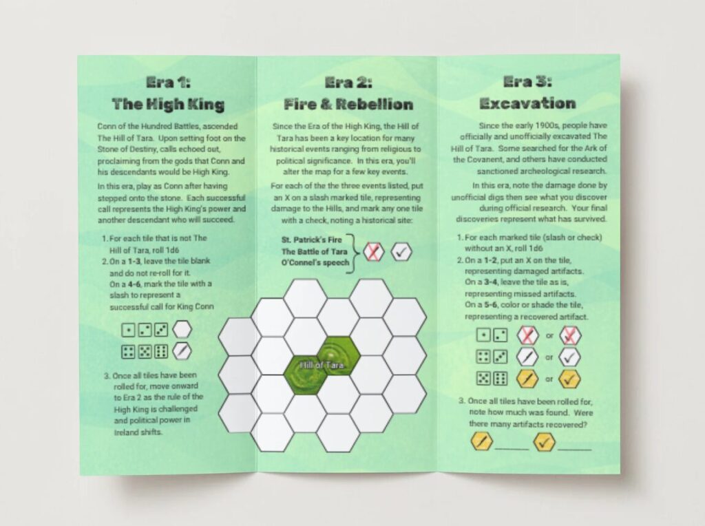 a mock up of Welcome to The Hill of Tara showing a brochure interior featuring a hex map and instructions