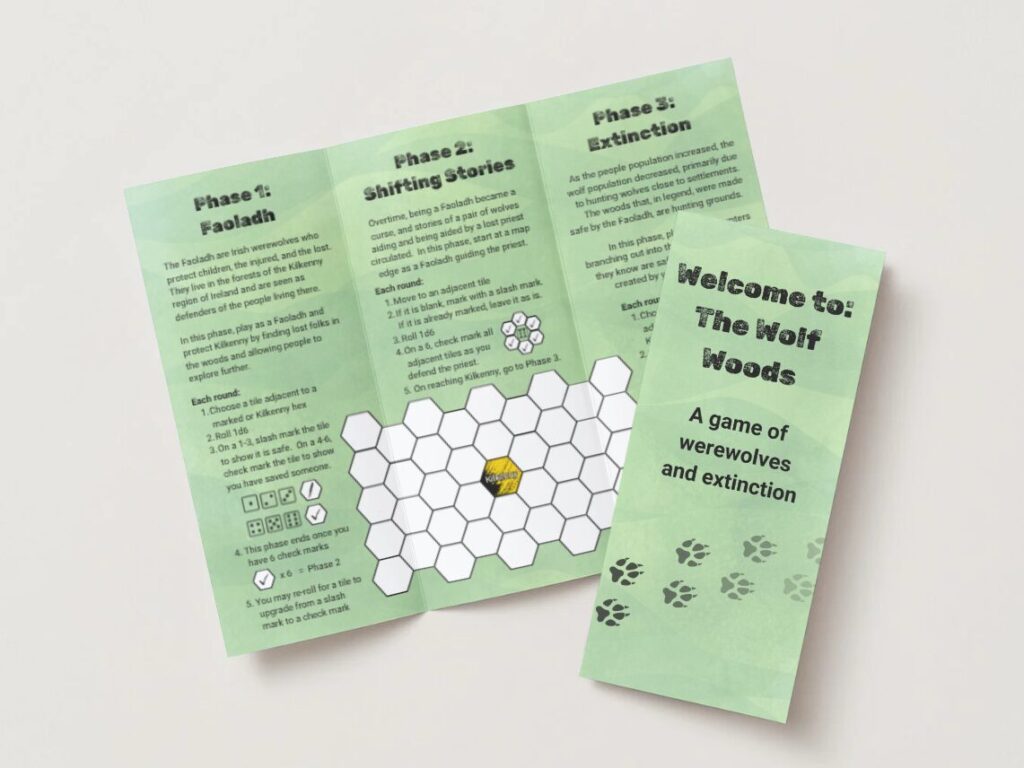 a mock up of Welcome to The Wolf Woods showing a brochure cover and the interior of the brochure