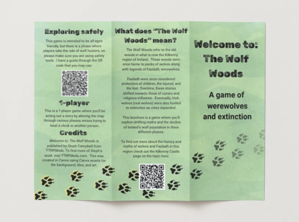 a mock up of Welcome to The Wolf Woods showing a green background brochure cover dotted with wolf prints