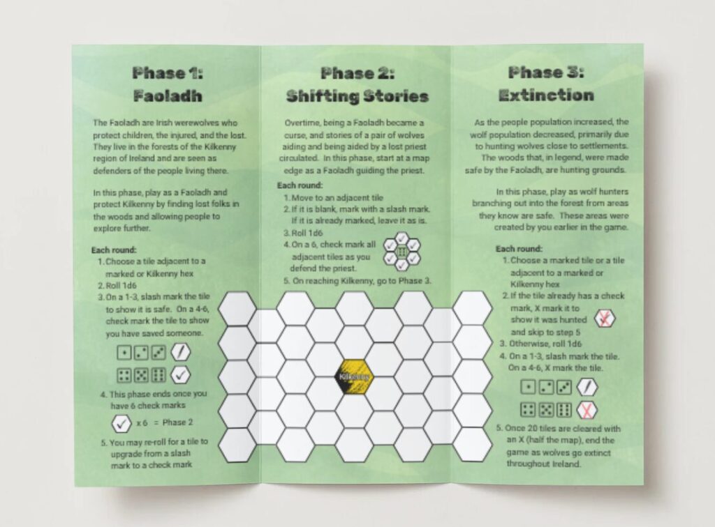 a mock of Welcome to The Wolf Woods showing a green background brochure interior where the most notable feature is a blank hex map