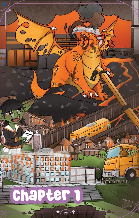 The chapter 1 cover for Trash to Treasure showing a fire dragon turning part of the city volcanic.  A goblin in a prep school uniform is looking up at the dragon and holds a notepad that says "HELP!"