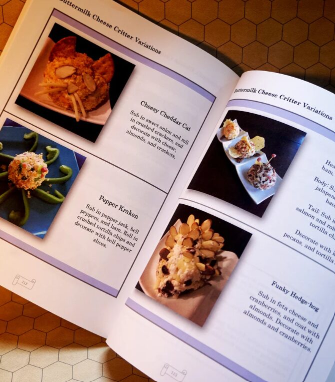 Example recipes in the Cooking With Dice book showing the section on Buttermilk Cheese Critters