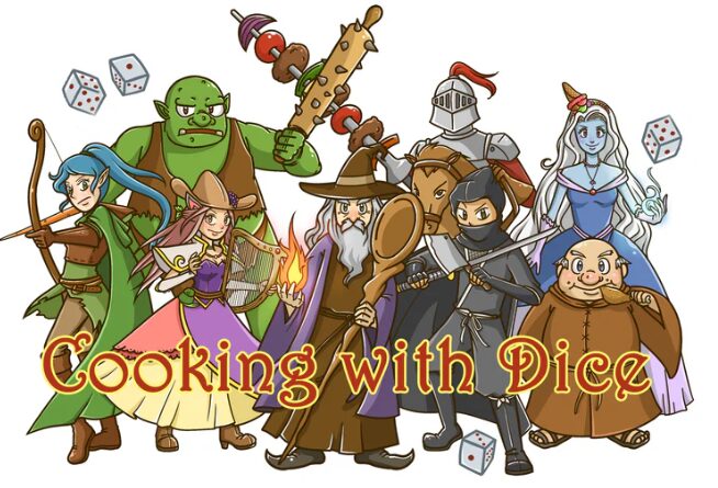 the 8 PC character options for Cooking With Dice surrounding the words Cooking With Dice.
There's an elf ranger, an orc warrior, a catfolk bard, a sppon wizard, a rogue, a knight, a dark elf ice sorceress, and a monk (the cleric kind)