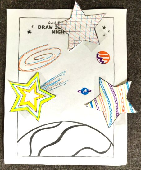 an activity sheet from Frances & Ġorġ – Camp Make-Believe! showing a night sky over a planet with cut out stars taped into it over abunch of drawings