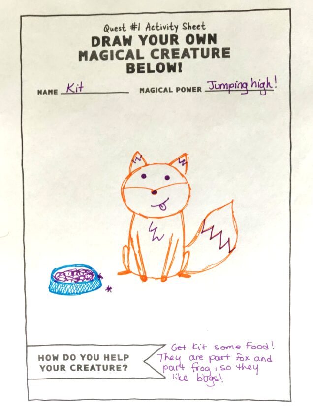an activity sheet from Frances & Ġorġ – Camp Make-Believe! that shows Kit, the fox-frog next to a bowl of their favorite food (bugs)