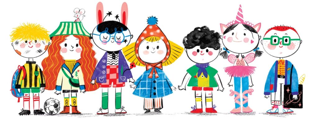 an illustration of 7 kids all dressed in different outfits and ready for adventure