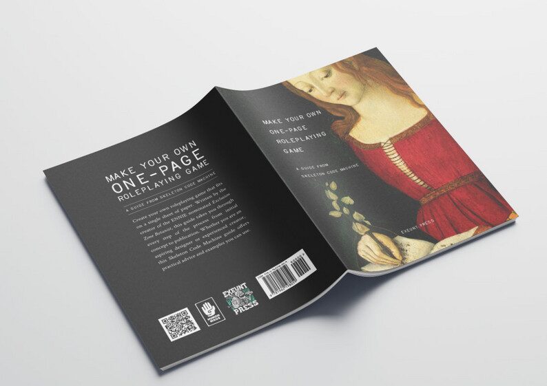 A mock up image of an open small booklet titled "make your own one-page roleplaying game"