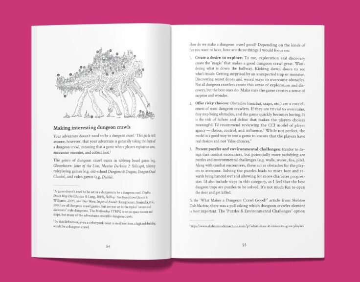 an open book showing a page titled "making interesting dungeon crawls"