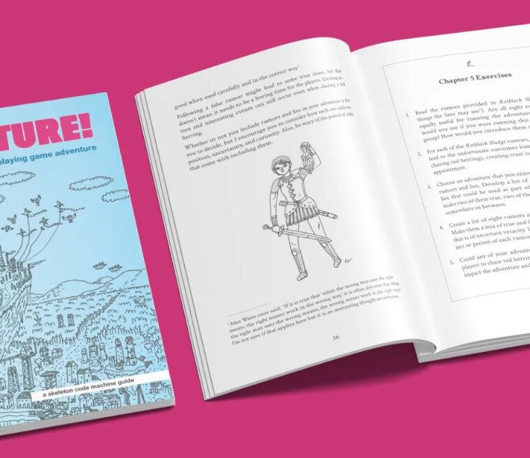 an open page for Adventure showing an illustration of a figure holding a lantern between paragraphs of text