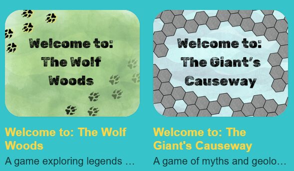 title card screenshots from itch.io that show: 

Welcome to the Wolf Woods
and 
Welcome to The Giant's Causeway