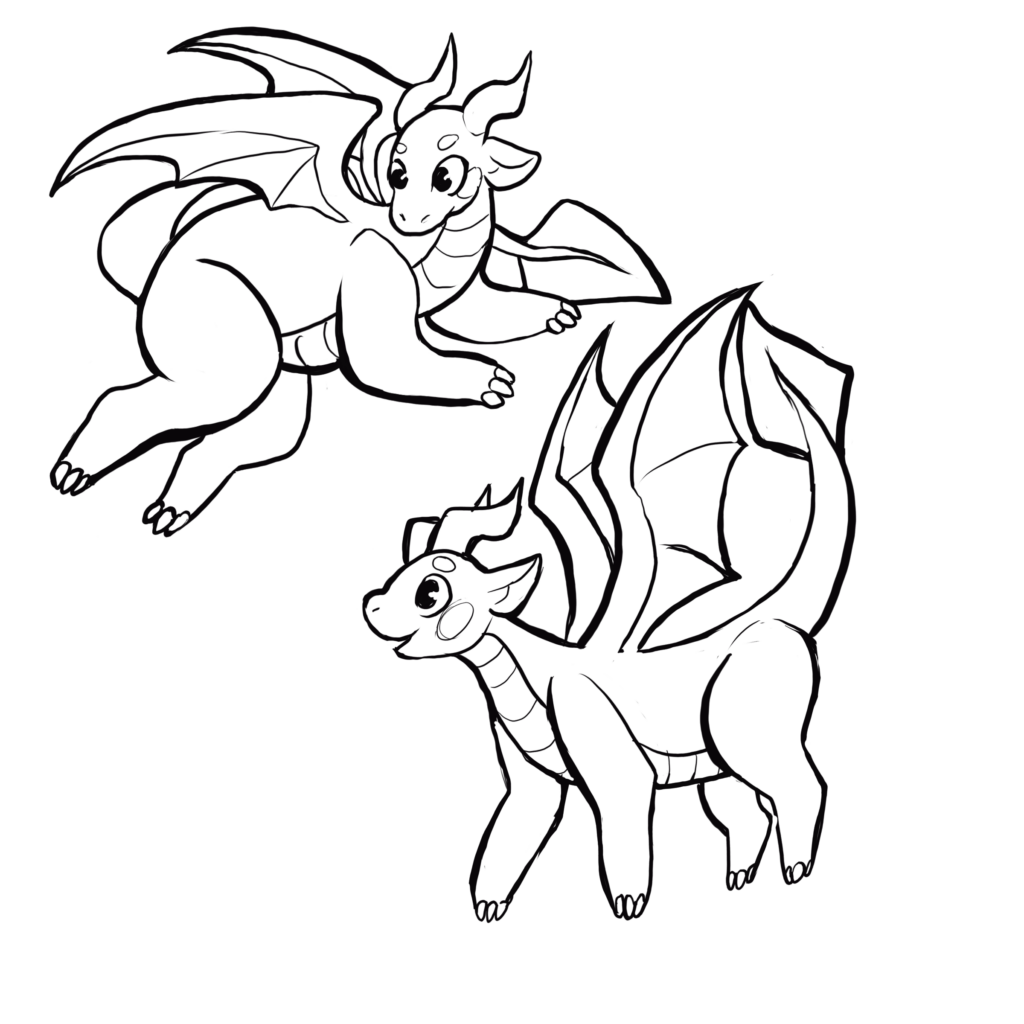 a line drawing illustration of a dragon in two different positions.  They are very cute!