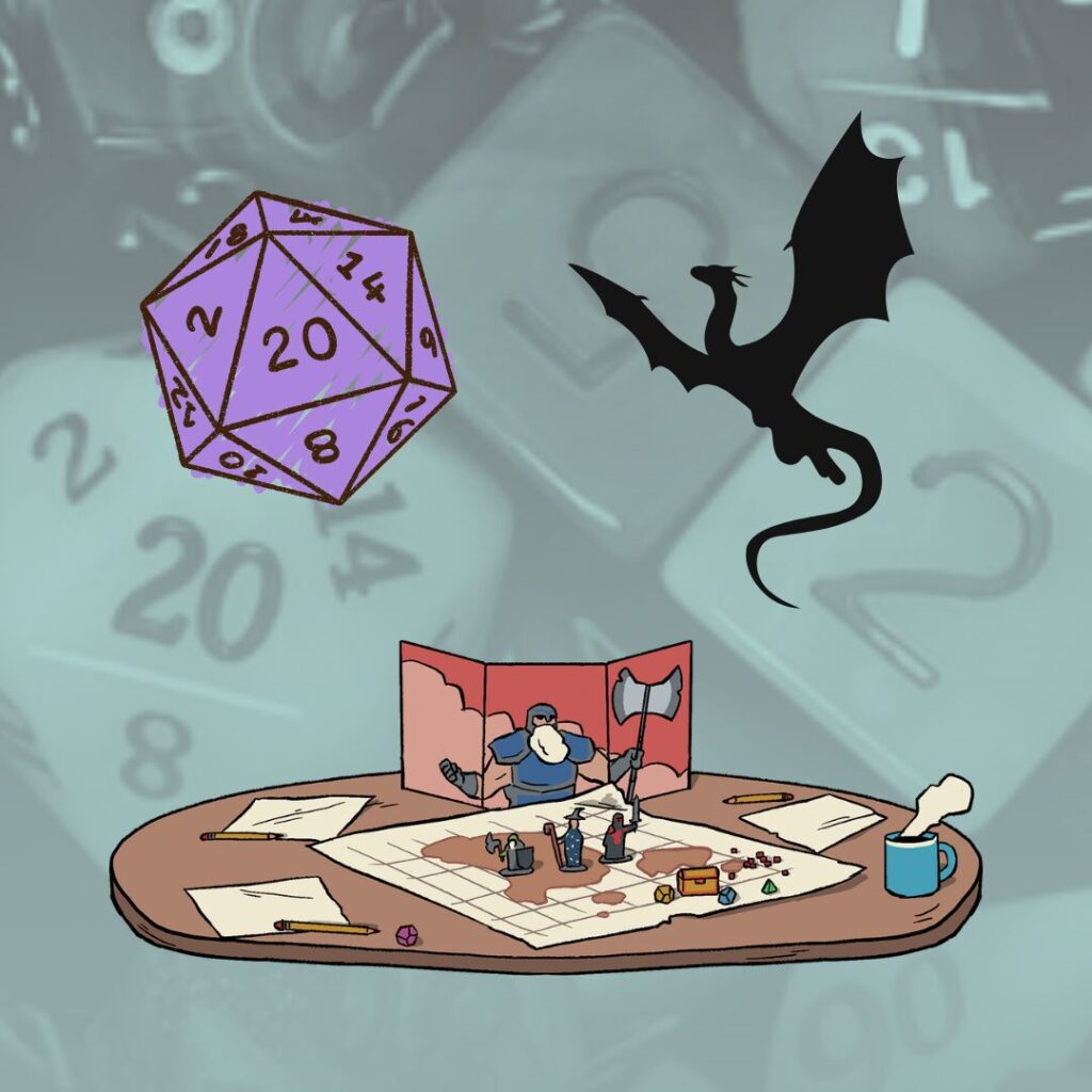 graphic showing a d20, a dragon outline, and a D&D table
