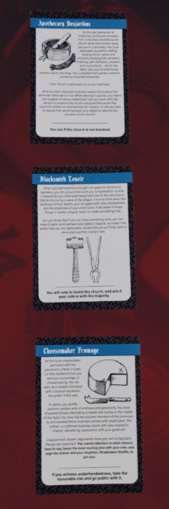 photos of three of the character cards for monumental consequences:
The Apothecary
The Blacksmith
The Cheesemonger