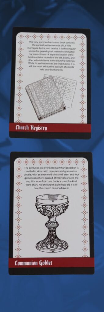 photos of two of the artifact cards for Monumental Consequences:
The church registry
The communion goblet