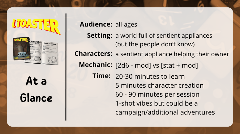 I, Toaster at a glance

Audience: 
all-ages
Setting: 
a world full of sentient appliances (but the people don’t know)
Characters: 
a sentient appliance helping their owner
Mechanics: 
[2d6 - mod] vs [stat + mod]
Time: 
20-30 minutes to learn
5 minutes character creation 
60 - 90 minutes per session
1-shot vibes but could be a campaign/additional adventures
